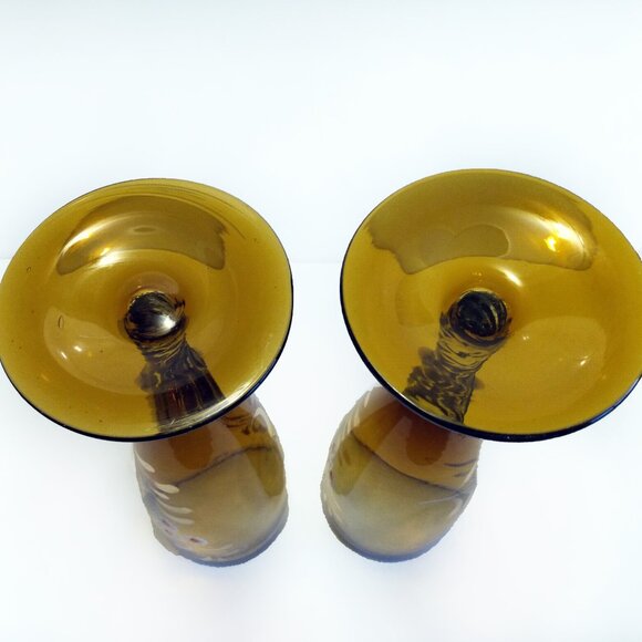 Pair Of Vintage Amber Crystal Flute Glasses-Gold & Flower Accents With Gold Trim - Picture 6 of 9